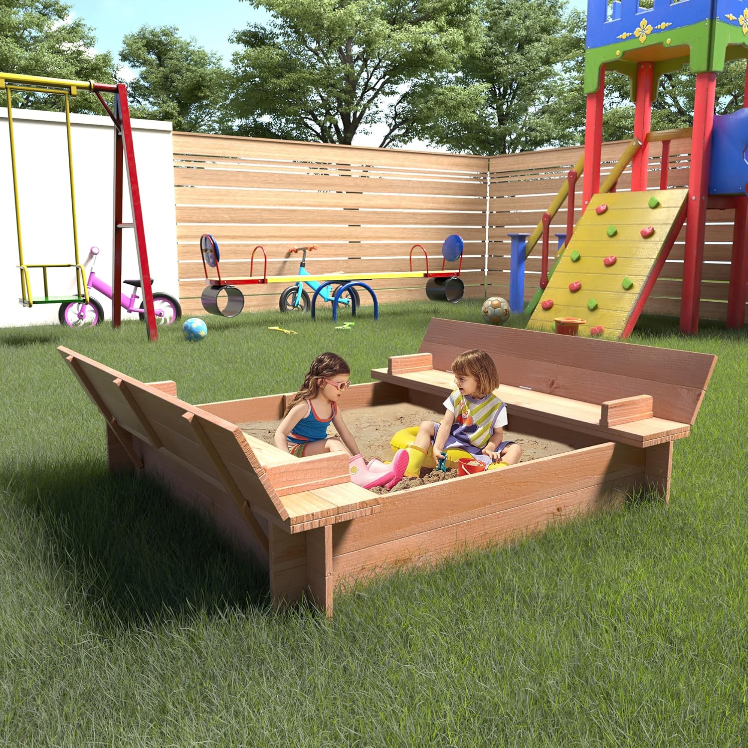 Studyset Wooden Sandbox with Cover/Lid, Sand Box with 2 Bench Seats and Bottom Liner, Outdoor Sand Pit for Kids/Toddlers/Childrens, Perfect for Beach/Backyard/Patio Outdoor Play